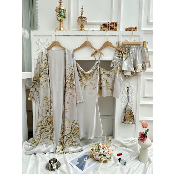 Satin Pajama Lingerie Set of 5 Pieces Robe Slip Cami Top Shorts - Picture 5 of 7